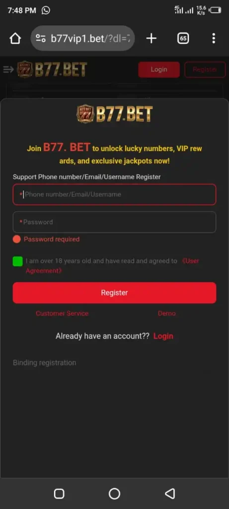 B77 Bet Game Register process