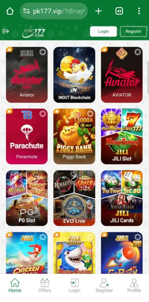 PK177 Game dashboard showing user balance, daily rewards, and game options