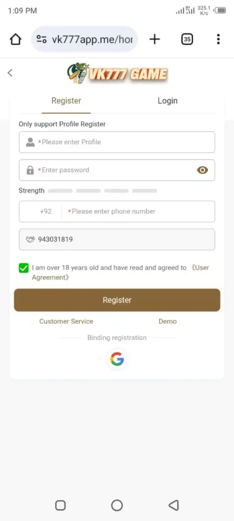 VK777 Game APK Download Register Page 