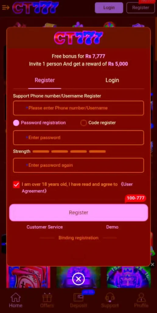 CT777 Game registration & Login page on mobile app